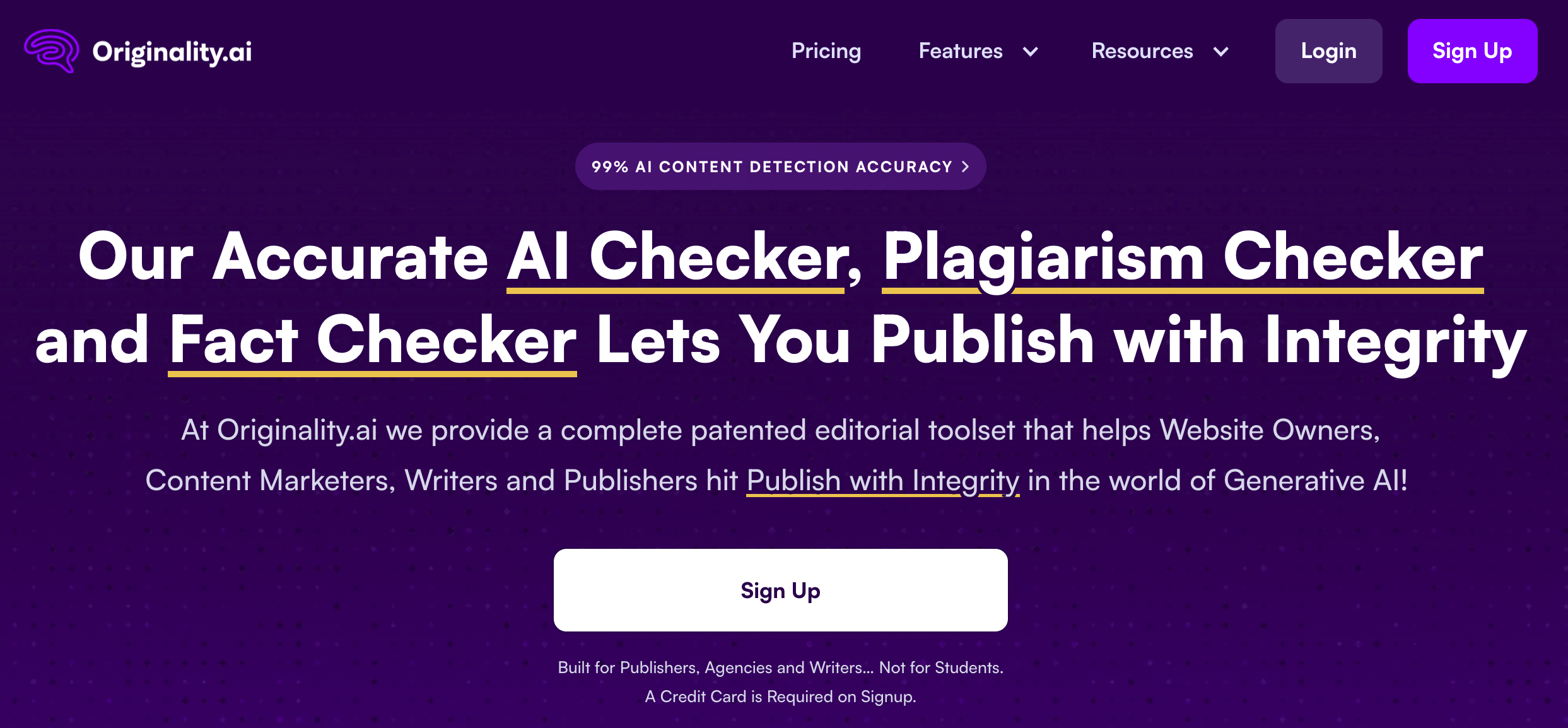 Screenshot of AI detection tool Originality homepage